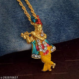 Gold-plated Meenakari Work Krishna Temple Pendant with Chain Locket (40MM x 18MM, 24 inch, 13Gms), multicolor and peacock motif, Indian handcrafted religious jewelry for men & women