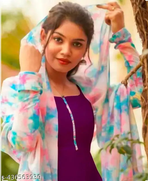 Wine-colored Georgette wine gown1 with matching kurti and dupatta, featuring long sleeves and pastel shades. Handcrafted in India