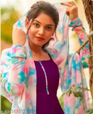 Wine-colored Georgette wine gown1 with matching kurti and dupatta, featuring long sleeves and pastel shades. Handcrafted in India