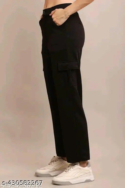 Black Lycra cargo pant with one unit, solid design and sized at 28 (waist 28", length 38", hip 31")