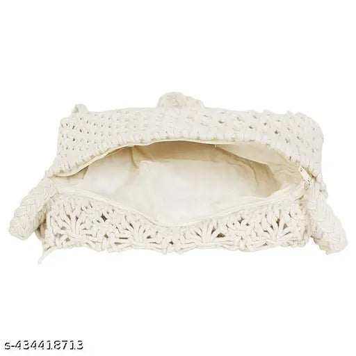 Exquisite handwoven macrame bag, sustainable fabric, boho flair, 1 compartment, embroidered net, free size (L8in x W10in x H1in), Indian craftsmanship