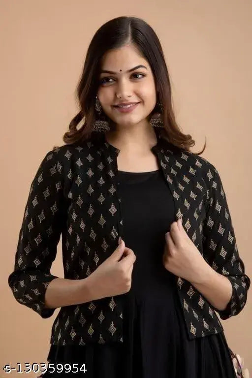 Rayon TC-Black Kurti with Jacket, solid black Indian fashion for M-XXXL sizes on mannequin