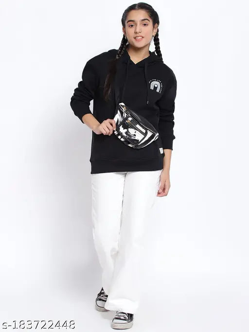 Black cotton blend sweatshirt with printed lil tomatoes design for kids aged 7-8 or 9-10 years, breathable and comfortable. Made in India