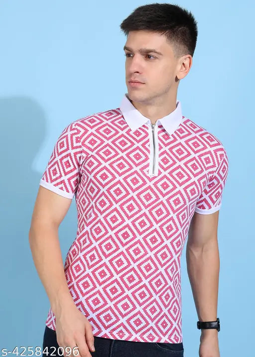 Cotton blend half sleeves printed collar polo t-shirt, polyester fabric for comfort, India-made classic men's wear