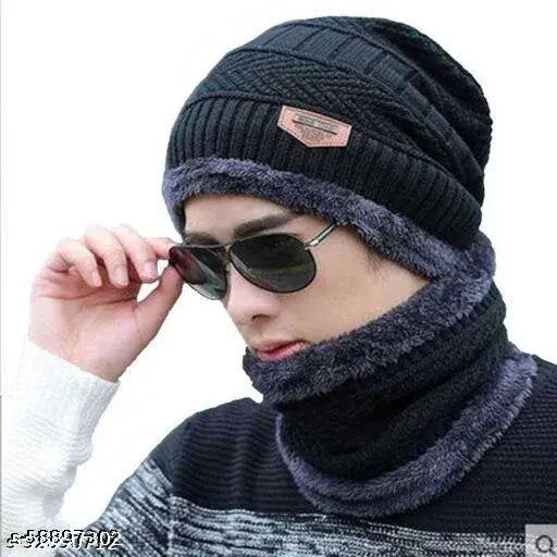Woolen unisex winter cap set with balaclava & scarf, perfect for warm and stylish winter look. Handcrafted wool & fur fabric, India origin