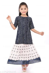 Navy blue kids' Jaipuri printed kurti skirt set on display, rayon material, straight top shape, above knee length, three-quarter sleeves