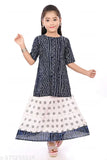 Navy blue kids' Jaipuri printed kurti skirt set on display, rayon material, straight top shape, above knee length, three-quarter sleeves