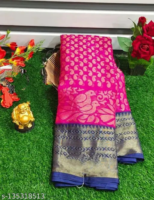 Chiffon Brasso saree new collection - vibrant, zari woven net pattern, semi-stitched blouse for party occasions. Indian-made, free size (5.4m length)
