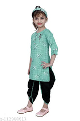 RK Collection kids green checked Patiala suit for girls - cotton silk anarkali style party wear with knee-length top and short sleeves, no dupatta. Indian ethnic kids' clothing in various sizes from 3-4 years to 8-9 years