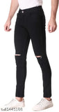 Creatywitty men's slim-fit black knee-cut denim jeans, solid pattern, size 28/30/32/34 for a stylish fit
