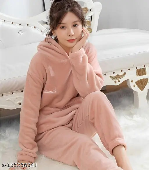 Woolen winter hood nightsuit in solid colors, cosy and warm with kangaroo pocket for women, available in M, L, XL, XXL sizes from India