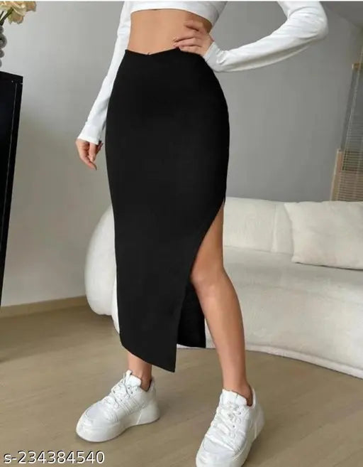 Trendy cotton blend side slit skirt for women, solid net, size 26/28/30, fashionable attire on mannequin