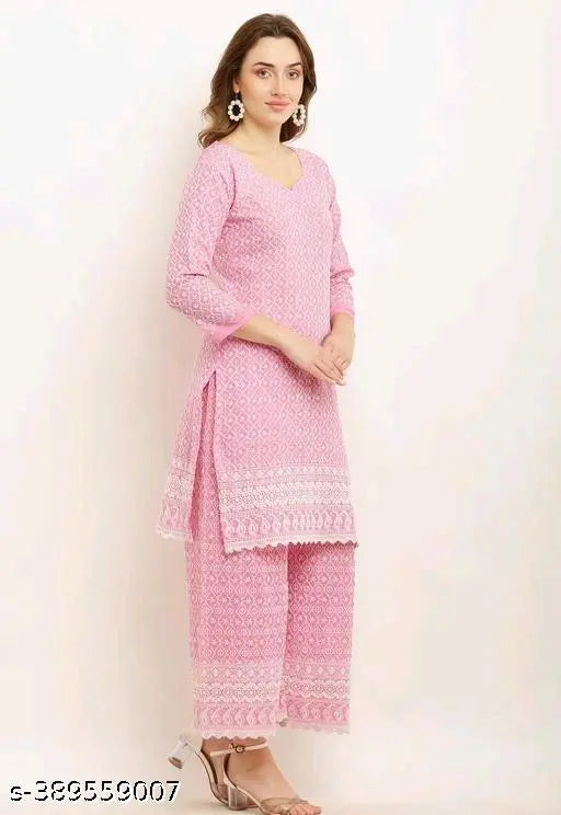 Pink Chanderi Cotton Kurta & Plazzo Set, three-quarter sleeves, printed net design, Indian ethnic wear (M size: bust 38in, shoulder 14in, waist 34in, length 46in; bottom waist 30in, length 40in)