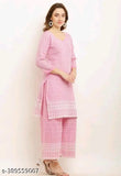 Pink Chanderi Cotton Kurta & Plazzo Set, three-quarter sleeves, printed net design, Indian ethnic wear (M size: bust 38in, shoulder 14in, waist 34in, length 46in; bottom waist 30in, length 40in)