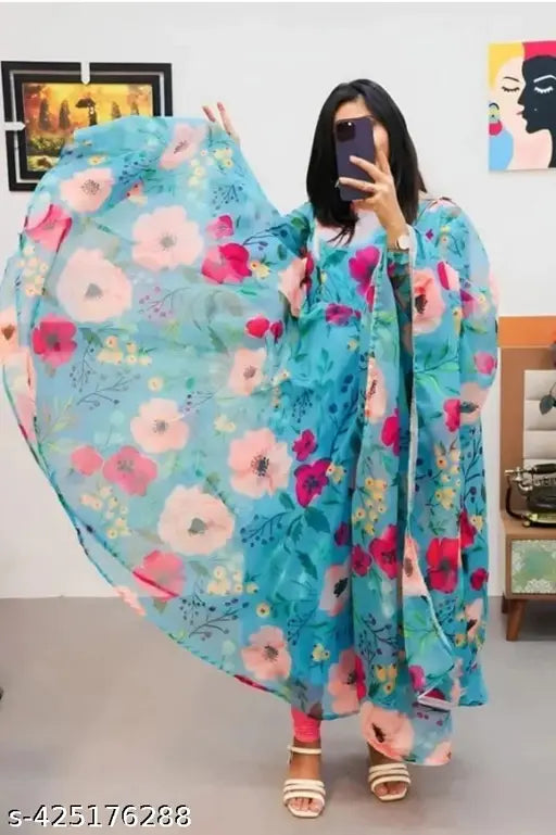 Blue Georgette long-sleeved printed gown set for women, showcasing vibrant floral design on mannequin