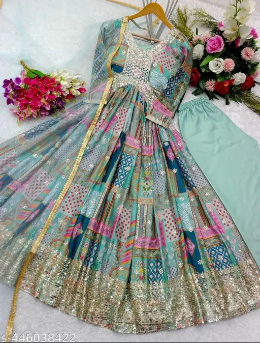 Pure cinon silk AliyaCut gown with heavy embroidery, 5mm sequence work, long sleeves. Indian-made dupatta in soft net and butter silk." (124 characters)
