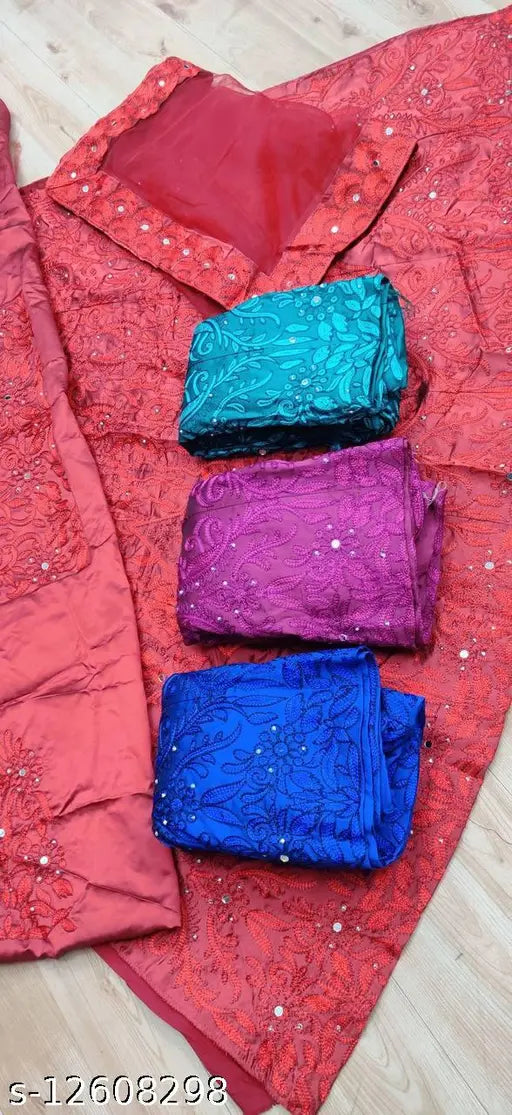 Taffeta silk embroidered lahenga with net dupatta from stylist's new collection, semi-stitched (waist size 44m, length 42m, dupatta length 2.5m), Indian origin