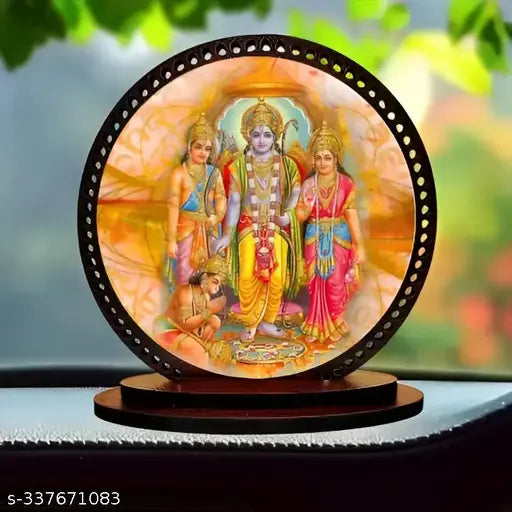 High-quality wooden, matte finish Lord Ram idol for car and home decorative showpiece, ideal for gifting purposes. Double-sided tape pre-installed. Dimensions: 3in x 3.2in (idol) & 3in x 9in (hanging). Made in India