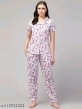 Cotton printed women's night suit shirt and pyjama set, short sleeves, vibrant design