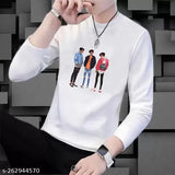 White polyester full-sleeve round neck t-shirt with printed typography design, suitable for men and women, featuring half sleeves and a versatile style, perfect for casual wear. Made in India