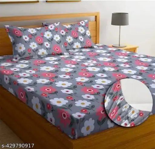 Glace cotton, fitted grey double bedsheet with floral pattern & 2 pillow covers for summer, ideal for adults (fits up to 78x72 inches/198x182 cm)