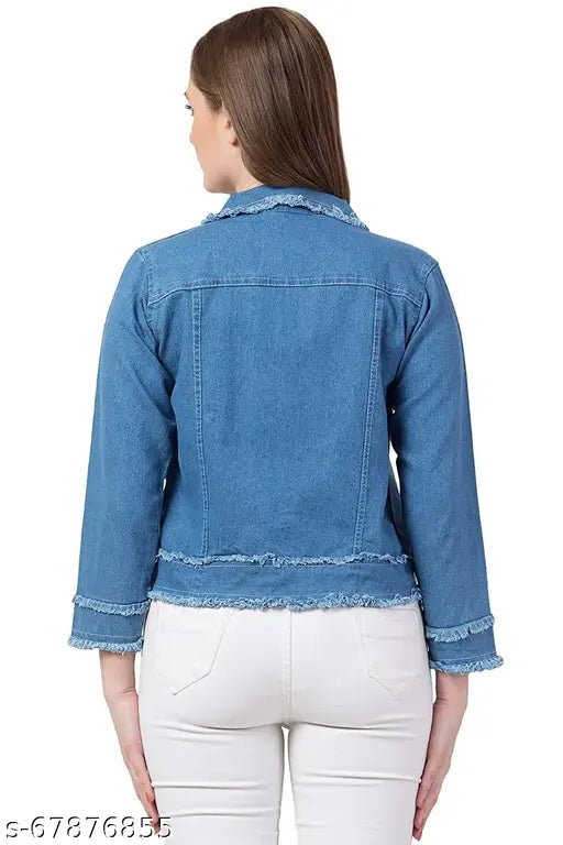 Light blue denim Teen Patti jacket (N), women's three-quarter sleeve, solid pattern, enhances casual style, India origin