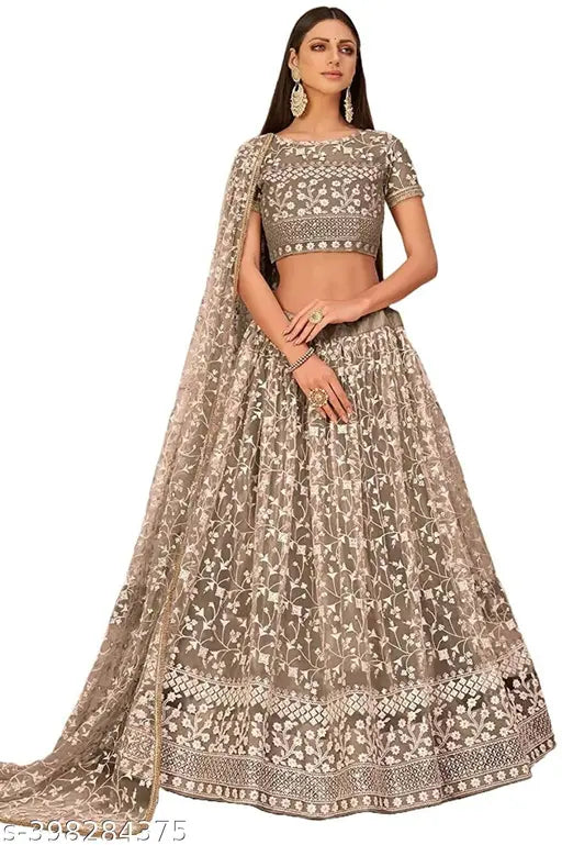 Yellow embroidered net lehenga choli set, semi-stitched with flared design and short sleeves, Indian party wear for women