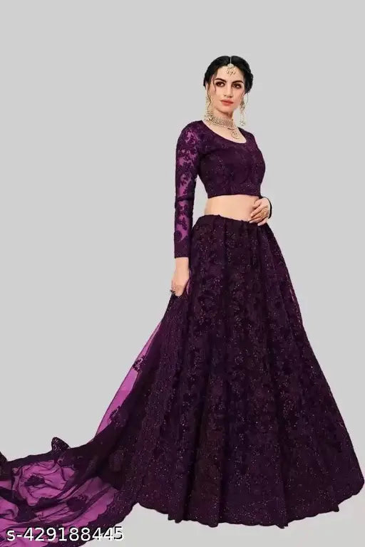 Purple net party wear sequins glitter embroidered lehenga choli and dupatta, semi-stitched (waist size 42in, length 44in, dupatta length 12in), Indian origin