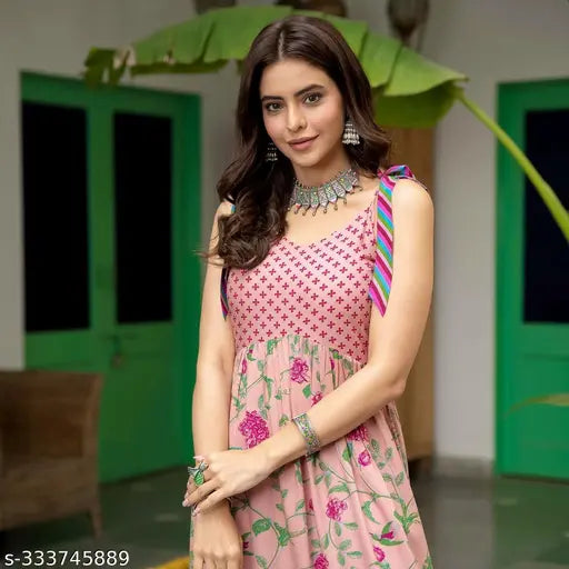 Rayon shoulder strap sleeveless printed Anarkali kurti for women's ethnic wear, trendy and stylish with knot details