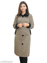 Beige wool checked collar sweater, self-design/knitted pattern, long sleeves, fur collar and pockets. Calf length kurti for women's winter wear. Made in India