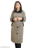 Beige wool checked collar sweater, self-design/knitted pattern, long sleeves, fur collar and pockets. Calf length kurti for women's winter wear. Made in India