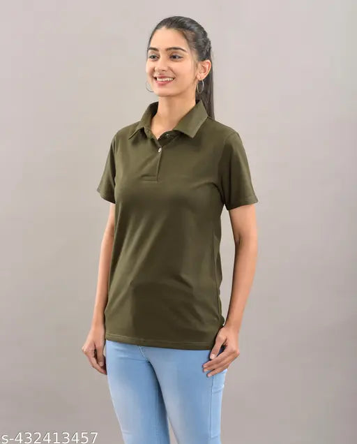 Stylish cotton collar t-shirt for women & girl, solid design with short sleeves, India-made fashion clothing