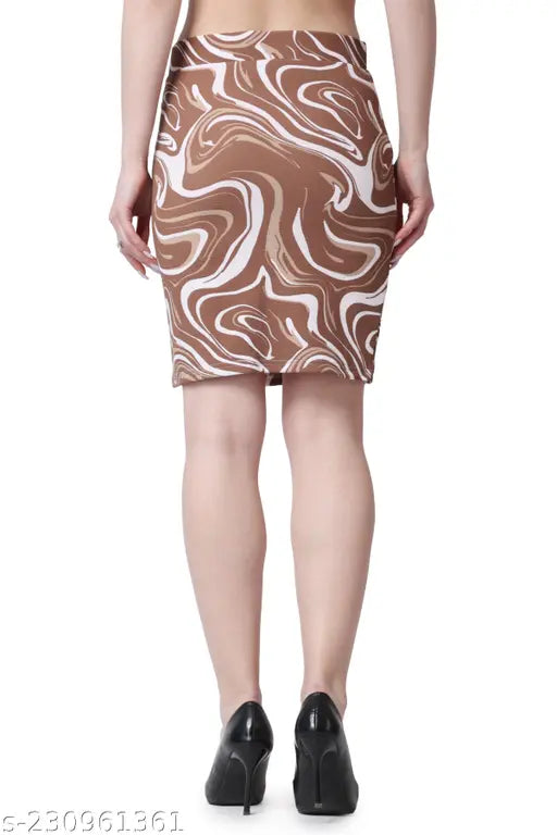 Brown polyester printed net A-line pencil skirt for women, abstract design, versatile formal or casual attire