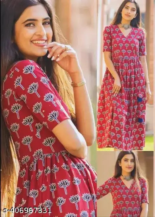 Maroon flower print rayon kurti for women, short-sleeved ethnic wear in sizes XS-XXXL