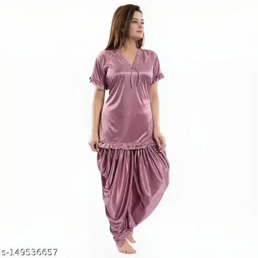 Pastel satin night suit for summer, suitable for women and girls. Comfortable sleepwear from MANOJ ENTERPRISES