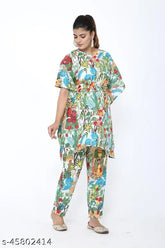 100% pure cotton Jaipur export kaftan & pant co-ord set, comfortable casual nightwear for home or outing in M to Xxxl adjustable sizes