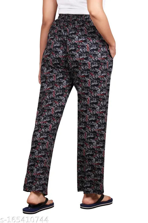 Stylish cotton pyjamas and lounge pants with printed net pattern, one-side pocket. Indian-made comfortable sleepwear for women and girls, size 34, 36, 38, 40, 42, 44, 46, 48, 50, 52