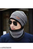 Light grey and black winter beanie cap & neck warmer combo, airproof, woolen with faux fur inner side, perfect for chilly winters