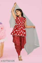 Stylish rayon kurta set with net dupatta and salwar for girls, 4-14 years, Indian print design on display