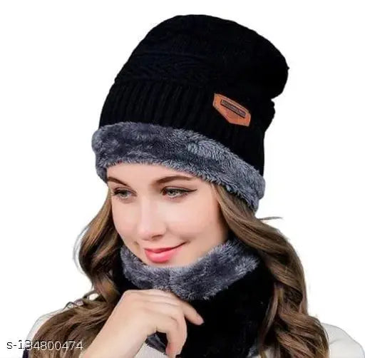 Wool snow-proof beanie hat with neck warmer, thick fleece lining. Unisex style, textured pattern, ideal for cold weather