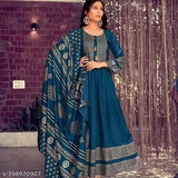 Deep blue anarkali gown with dupatta, cotton fabric