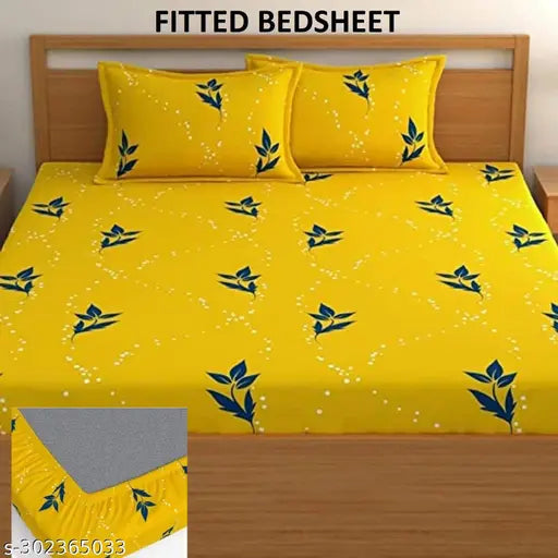 Glace cotton elastic fitted double bedsheet with floral pillow covers - upgrades bed comfort, ideal for summer
