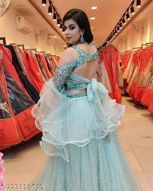 Light blue velvet & net lehenga with embroidered flare and embellished dupatta - Indian Bollywood wedding outfit (semi-stitched, waist 42in, length 42in)