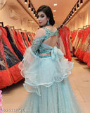 Light blue velvet & net lehenga with embroidered flare and embellished dupatta - Indian Bollywood wedding outfit (semi-stitched, waist 42in, length 42in)