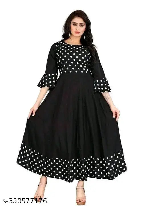 Black printed rayon anarkali maternity kurti, convenient zipper for breastfeeding, Indian designer fashion, comfortable and breathable crepe material