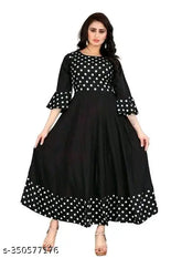 Black printed rayon anarkali maternity kurti, convenient zipper for breastfeeding, Indian designer fashion, comfortable and breathable crepe material