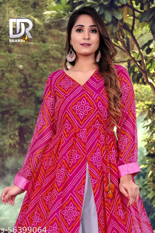Georgette print kurta & palazzos with fancy latkan up, rayon fabric, 3/4 sleeves, size M-XXL