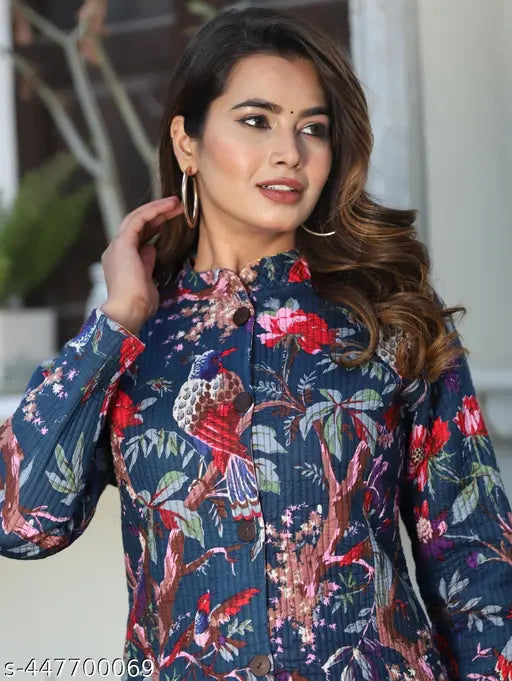 Blue printed cotton reversible quilted women's lightweight jacket, perfect for winter fashion