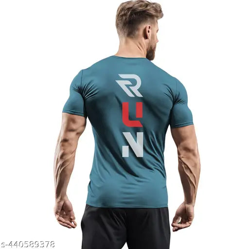 Men's 3Colors RGB DriFit Polyester QuickDry Activewear T-Shirt - Gym RUN, short sleeves, printed design, size M (Chest 38in/27.5in), XL (Chest 42in/29in)