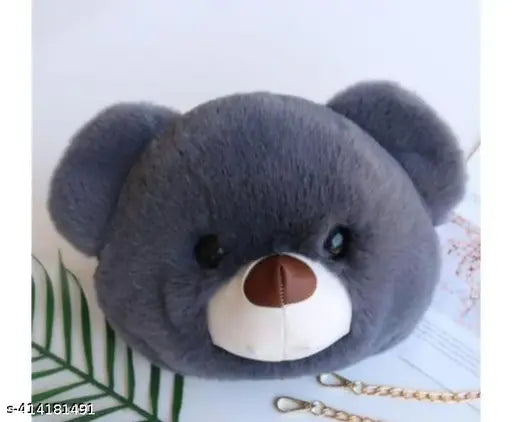 Attractive faux fur teddy bear head PU sling bag, solid color, free size for women and girls